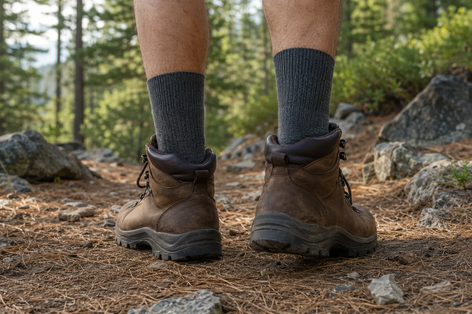 Charcoal alpaca-blend hiking socks worn with hiking boots on a forest trail