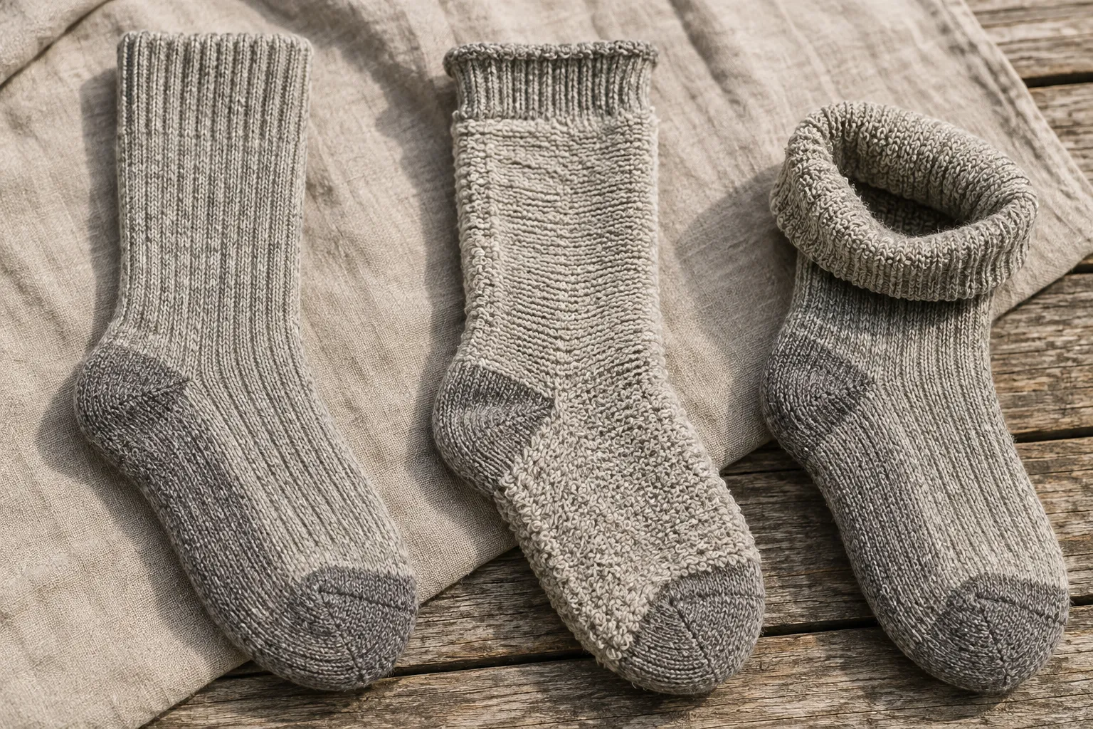 Matching alpaca thermal socks shown from the outside, inside out, and with the cuff folded to reveal the cushioned interior