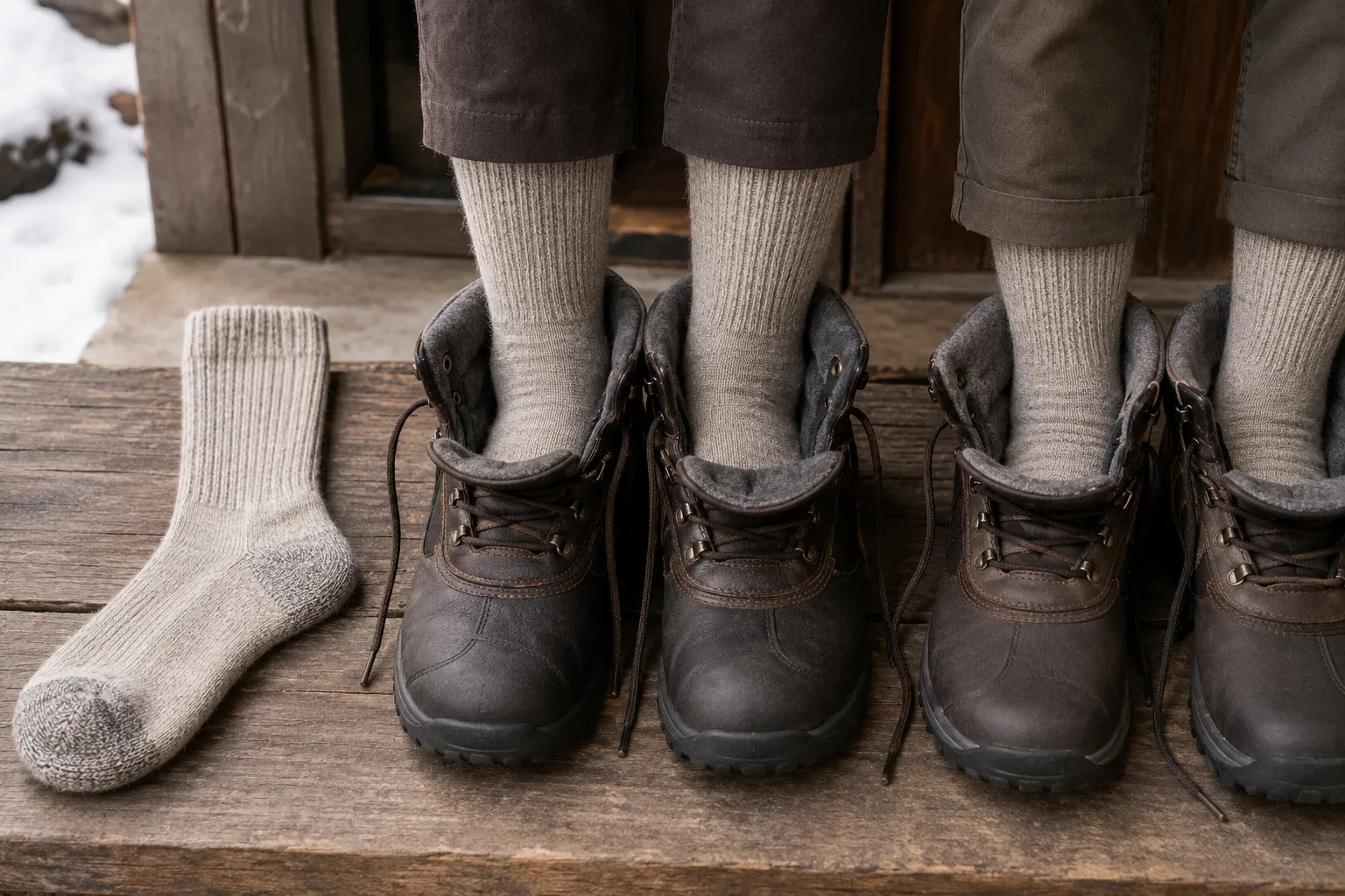 An alpaca thermal sock shown uncompressed, fitted comfortably in a winter boot, and crowded into a close-fitting boot