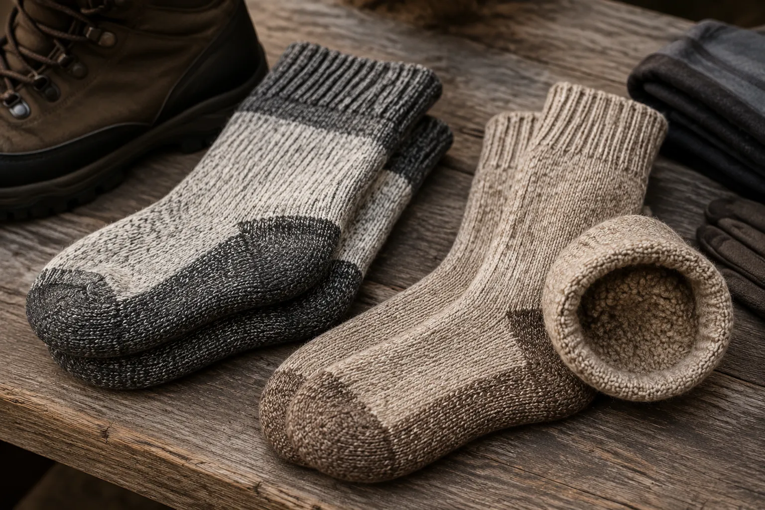 Thick alpaca-blend thermal socks showing dense cushioning and ribbed construction