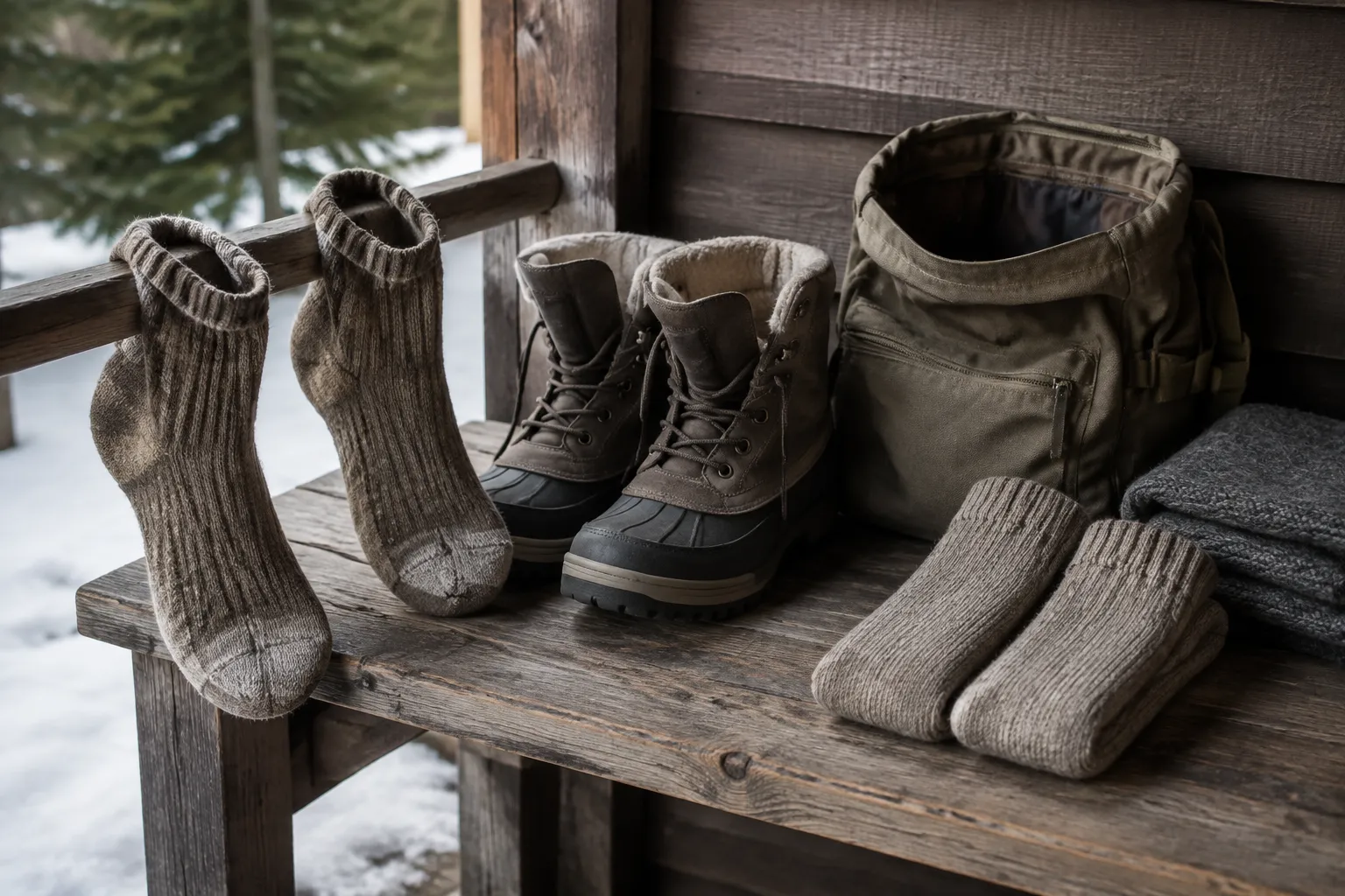 A worn pair of alpaca winter socks airing beside boots and a clean dry replacement pair near an open daypack