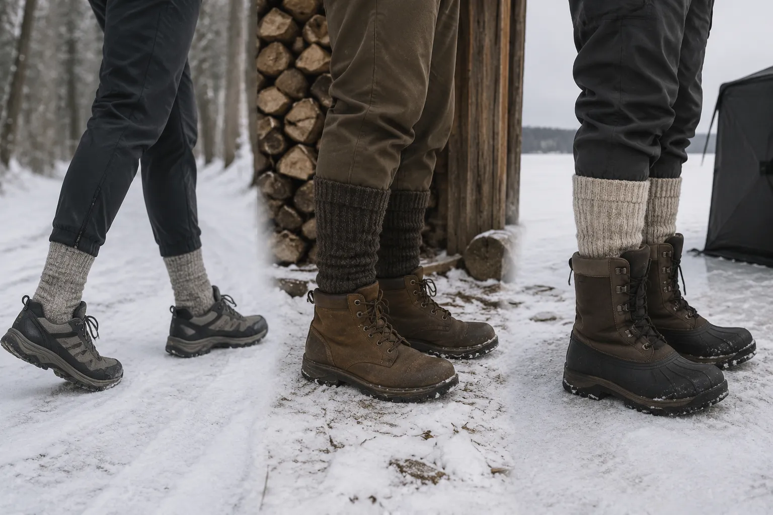 Three winter scenes comparing lighter socks for continuous walking, medium-heavy socks for outdoor work, and heavyweight socks for standing still