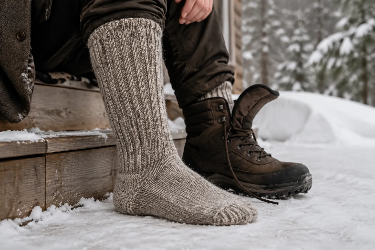 Tall, heavyweight alpaca-blend winter sock beside an insulated boot in the snow