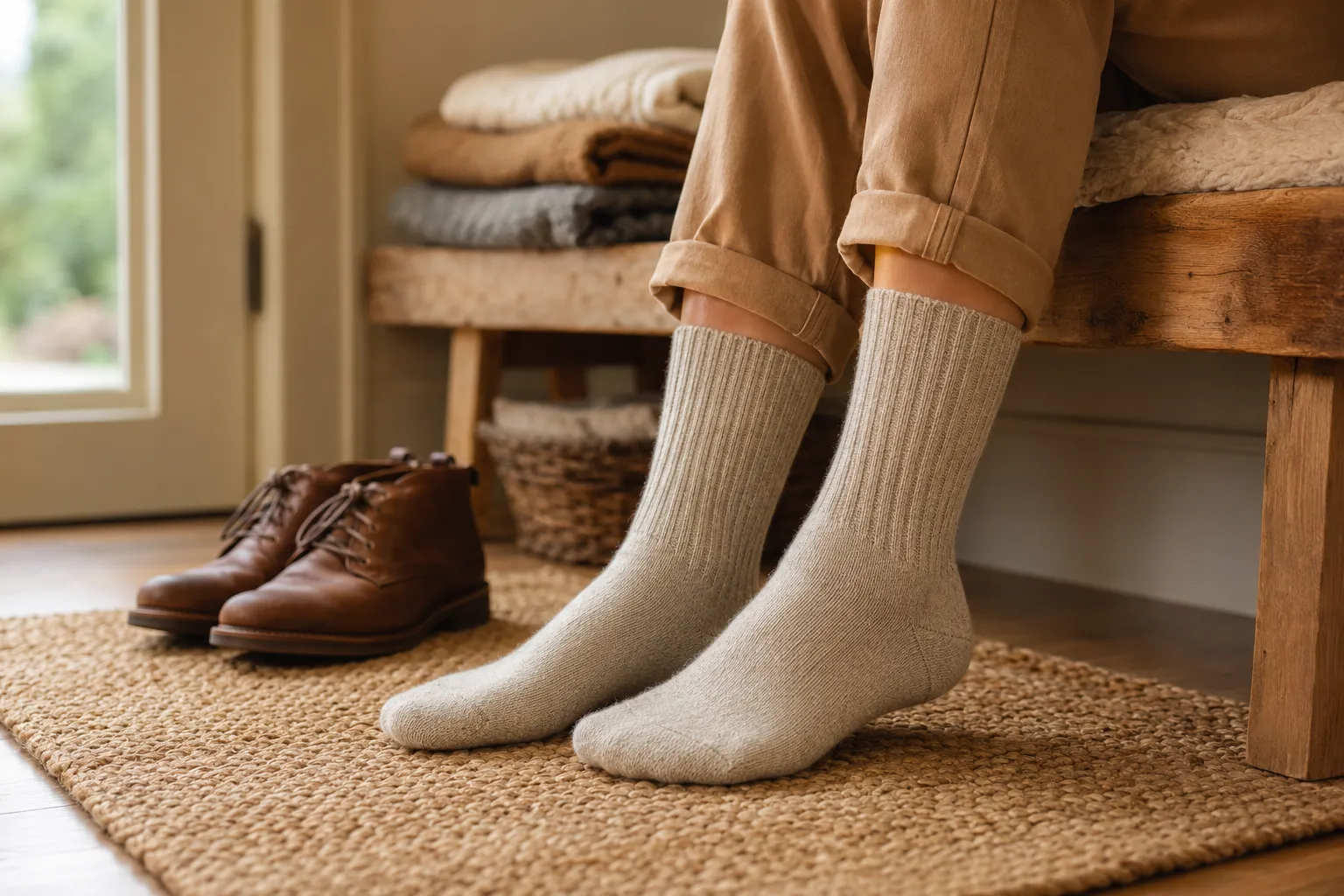 Person wearing oatmeal-colored ribbed alpaca socks in a warm home entryway