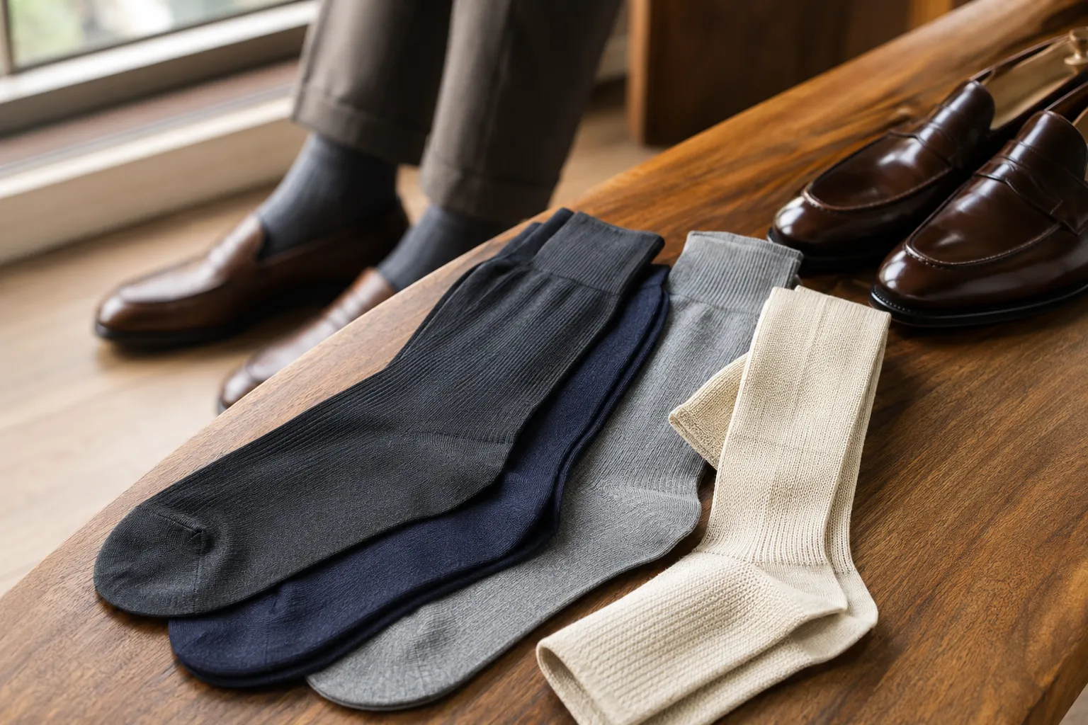 Fine alpaca-blend dress socks in natural colors arranged beside polished shoes