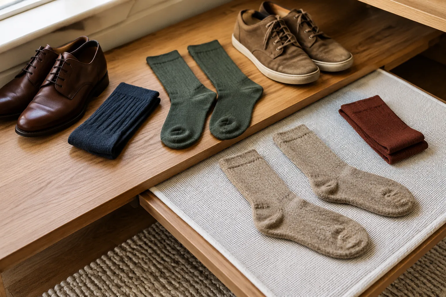 Men's alpaca-blend socks airing, drying flat, and stored in an organized rotation