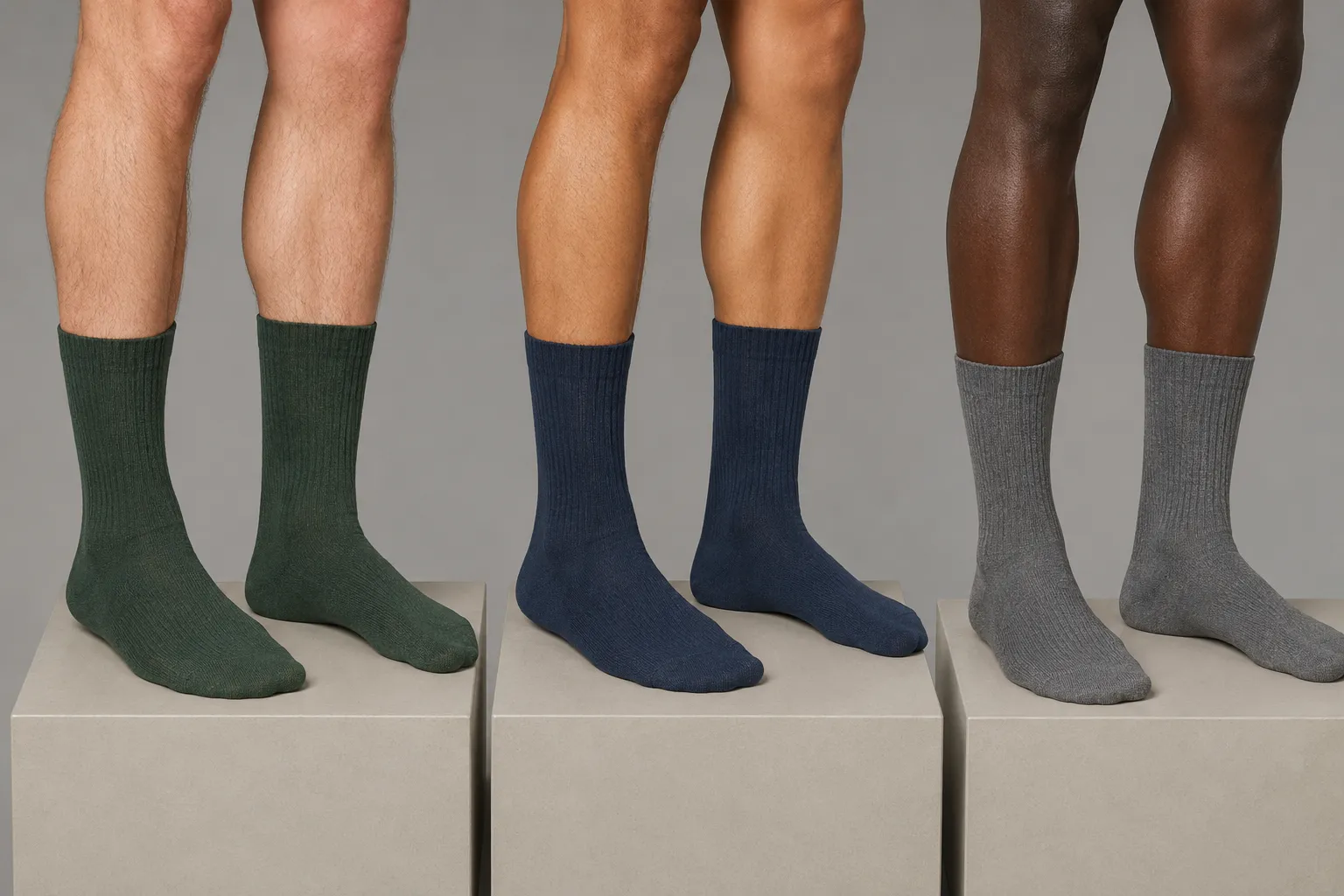 Men's feet and lower legs illustrating foot length, heel placement, instep, and calf fit in alpaca-blend socks