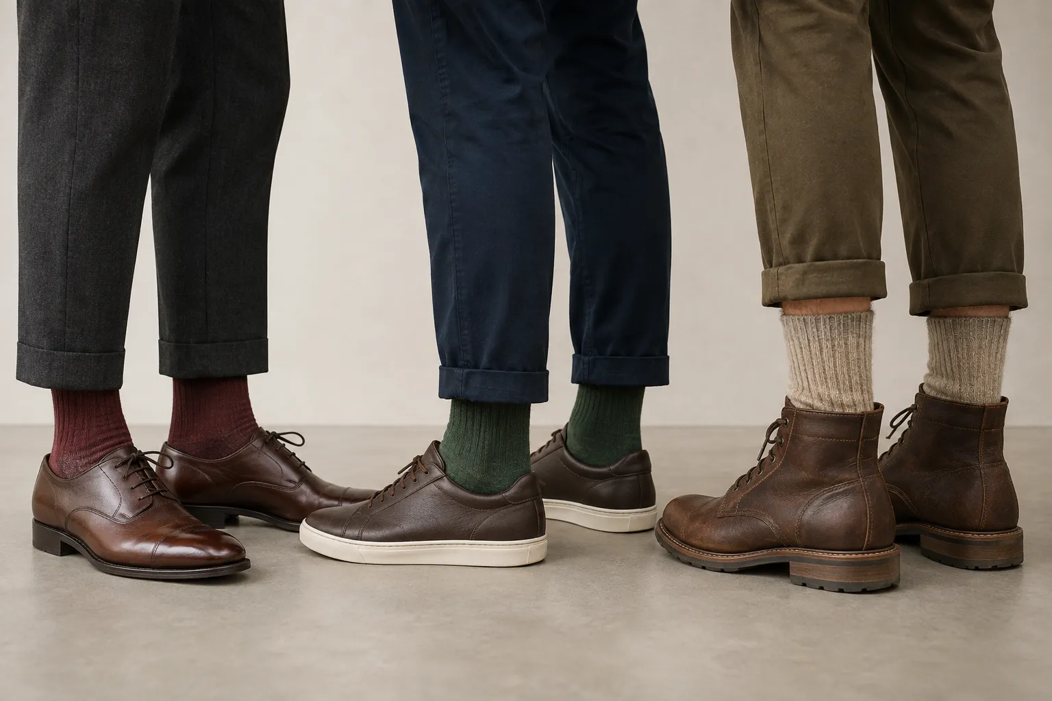 Men's dress, crew, and boot-height alpaca-blend socks arranged beside coordinating shoes and boots
