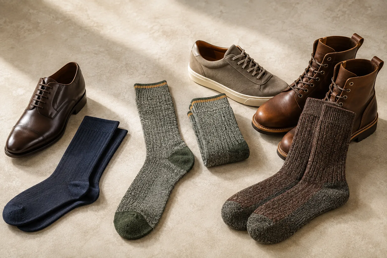 Men's everyday, boot, and dress alpaca-blend socks arranged with coordinating footwear