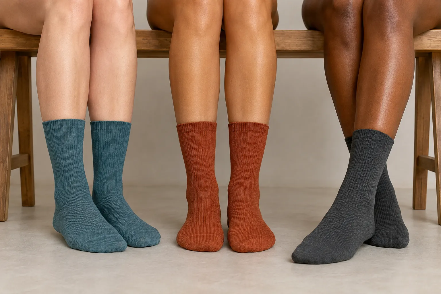 Three women with different foot and calf proportions wearing smoothly fitted alpaca-blend socks