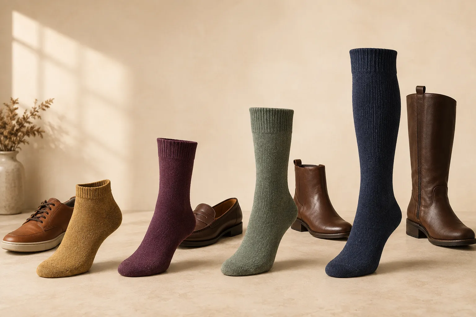 Women's ankle, crew, mid-calf, and knee-high alpaca-blend socks arranged with footwear