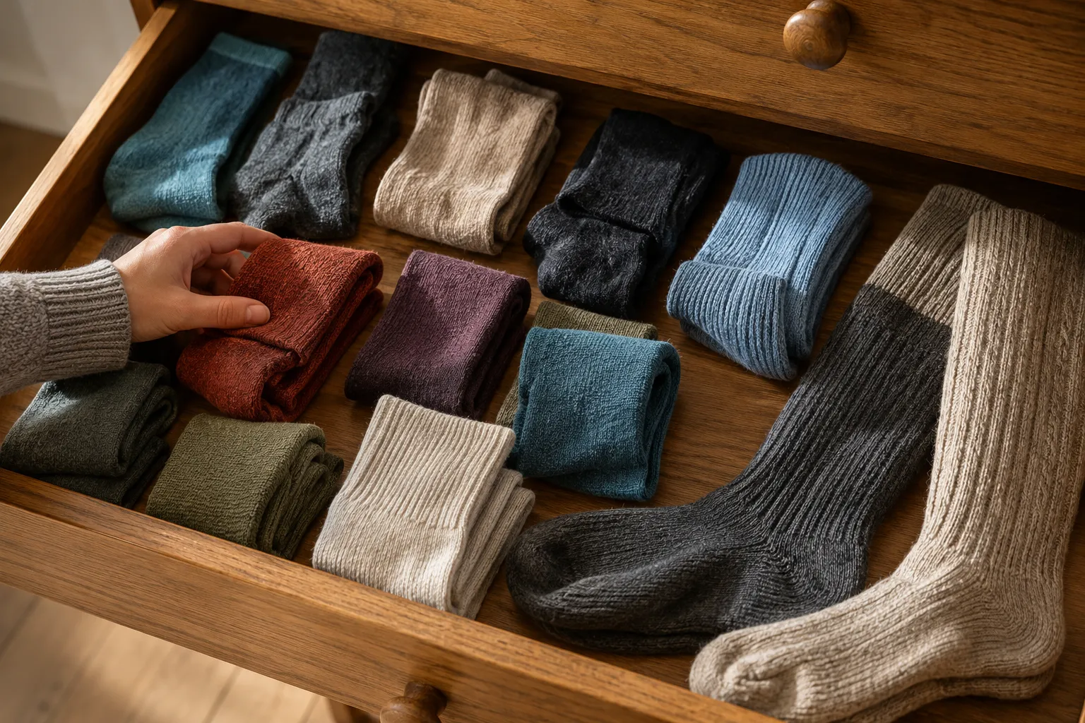 Open wooden drawer holding women's alpaca-blend socks in different weights, heights, and colors
