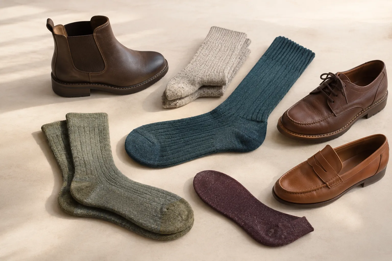 Women's everyday, boot, and lightweight alpaca-blend socks arranged with coordinating footwear