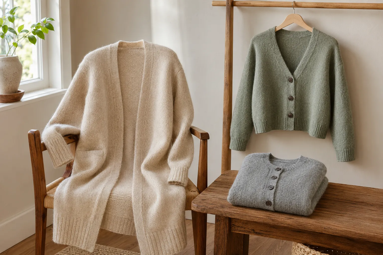 Oatmeal, gray, and muted sage alpaca cardigans displayed in a calm home setting