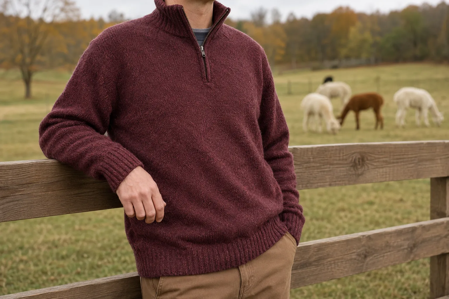 Adult wearing a thick muted burgundy alpaca-blend quarter-zip sweater near a pasture
