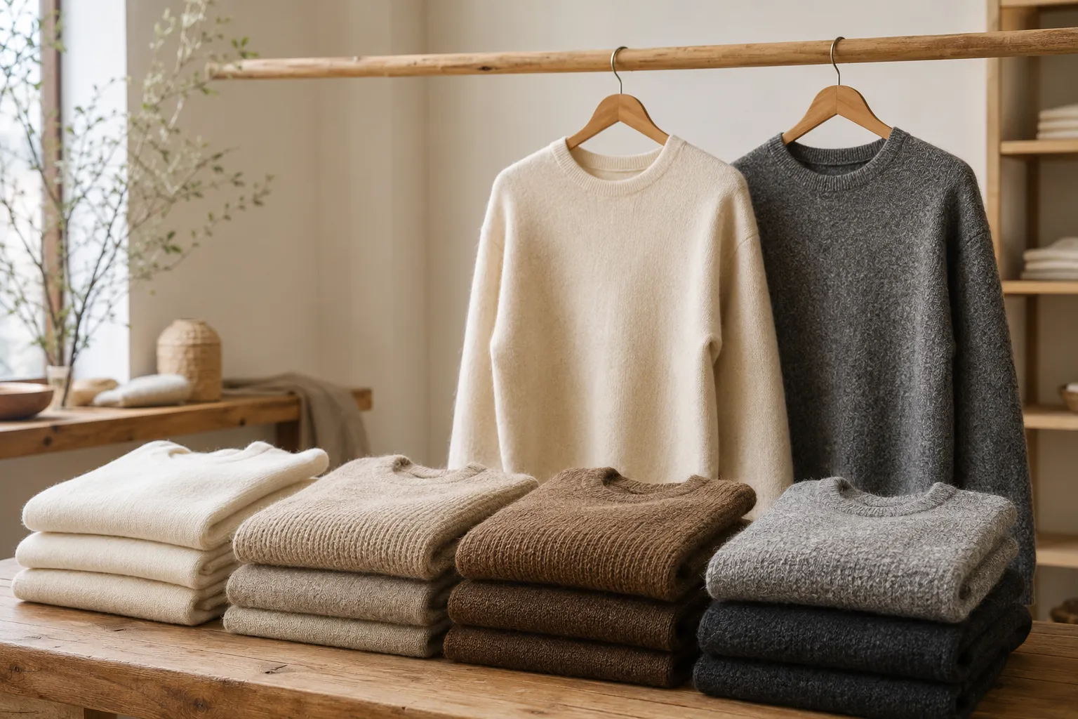 Alpaca crewneck sweaters in ivory, fawn, brown, gray, and charcoal displayed on wood shelves and a rail