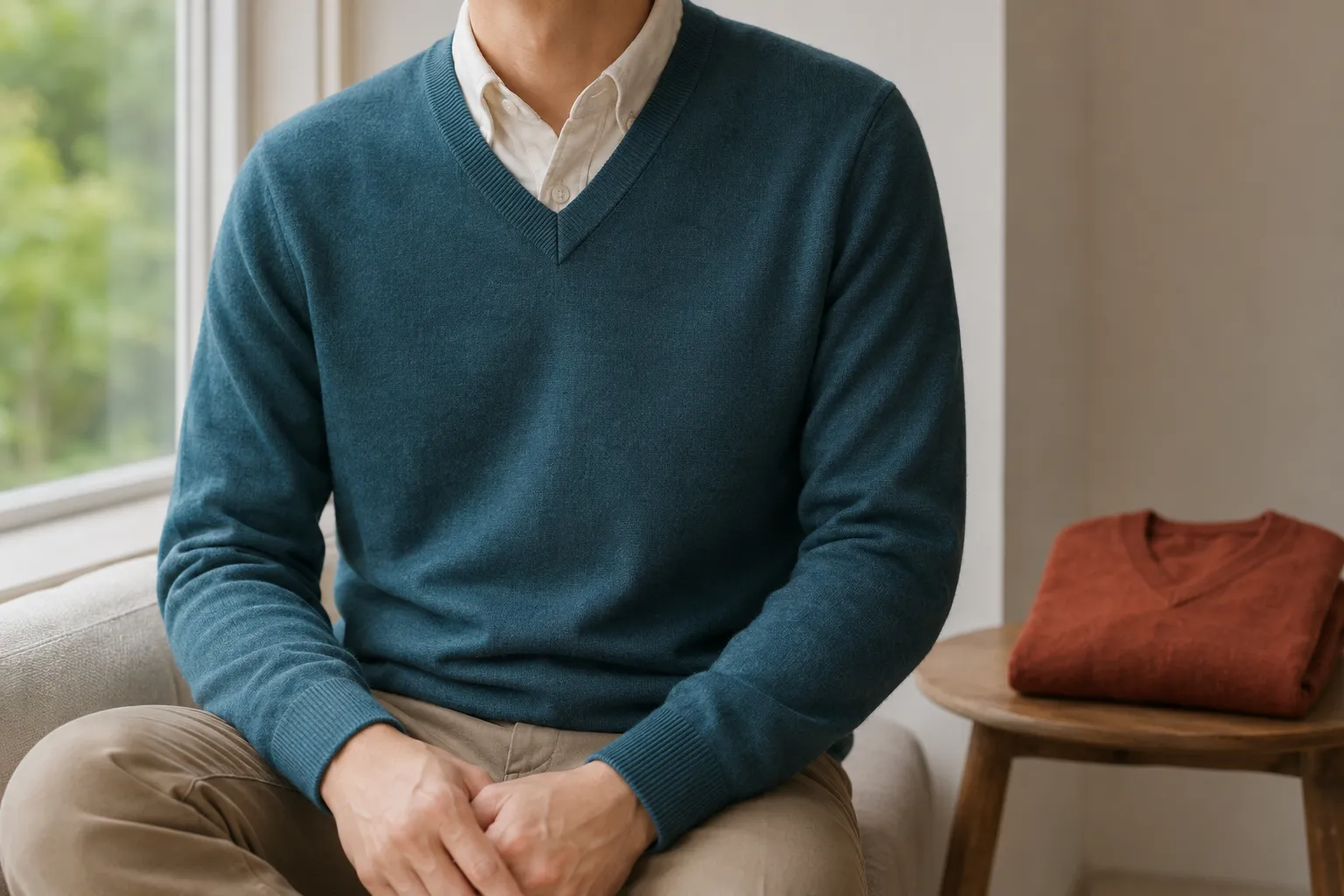 Adult wearing a fine deep teal alpaca-blend V-neck sweater, with a muted rust sweater nearby