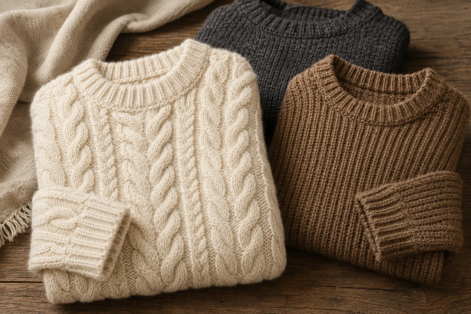 Cream cable-knit, natural brown fisherman-rib, and charcoal textured alpaca sweaters