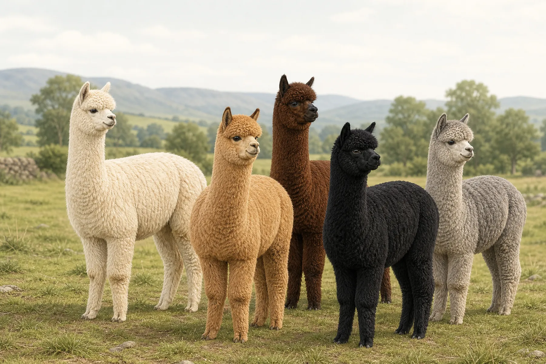 Alpacas displaying a range of natural fleece colors