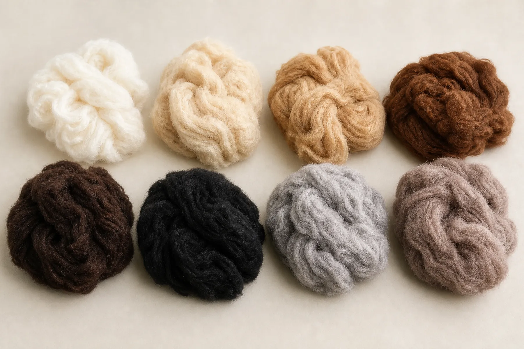 Several natural alpaca fleece colors arranged together