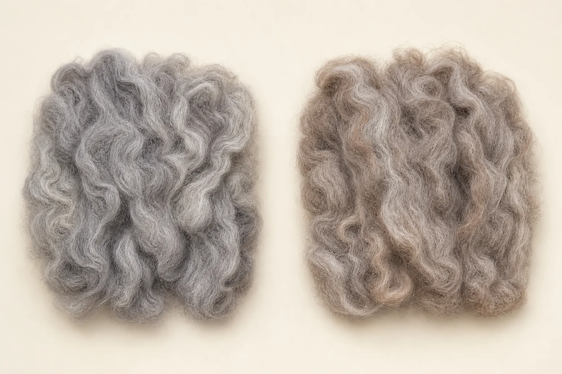 Silver gray and rose gray alpaca fleece samples shown side by side