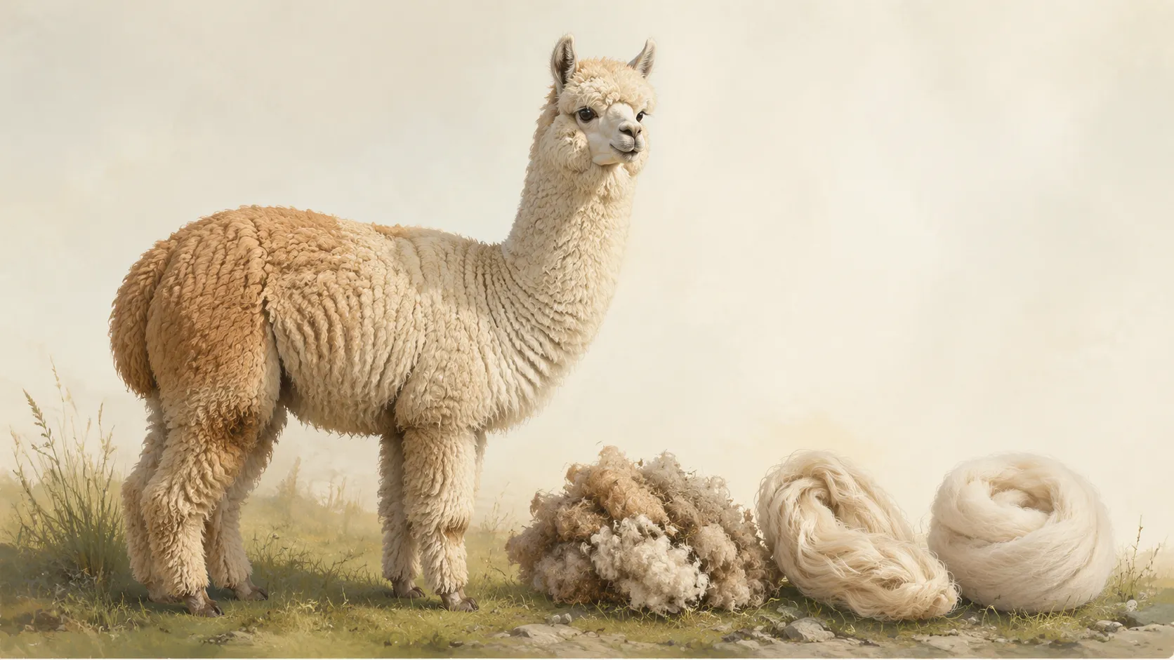 Illustrated alpaca and loose fleece representing fiber quality