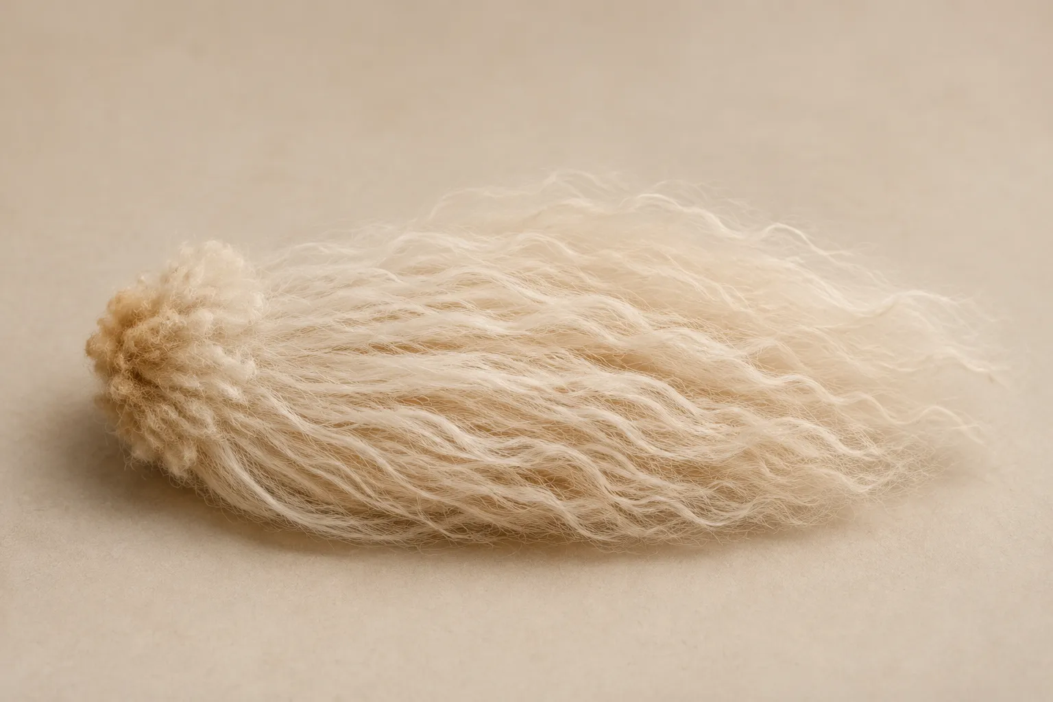 Alpaca fleece sample with fibers of relatively consistent thickness