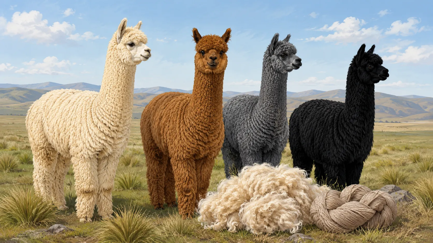 Illustrated alpacas with natural fleece colors alongside alpaca fiber and yarn