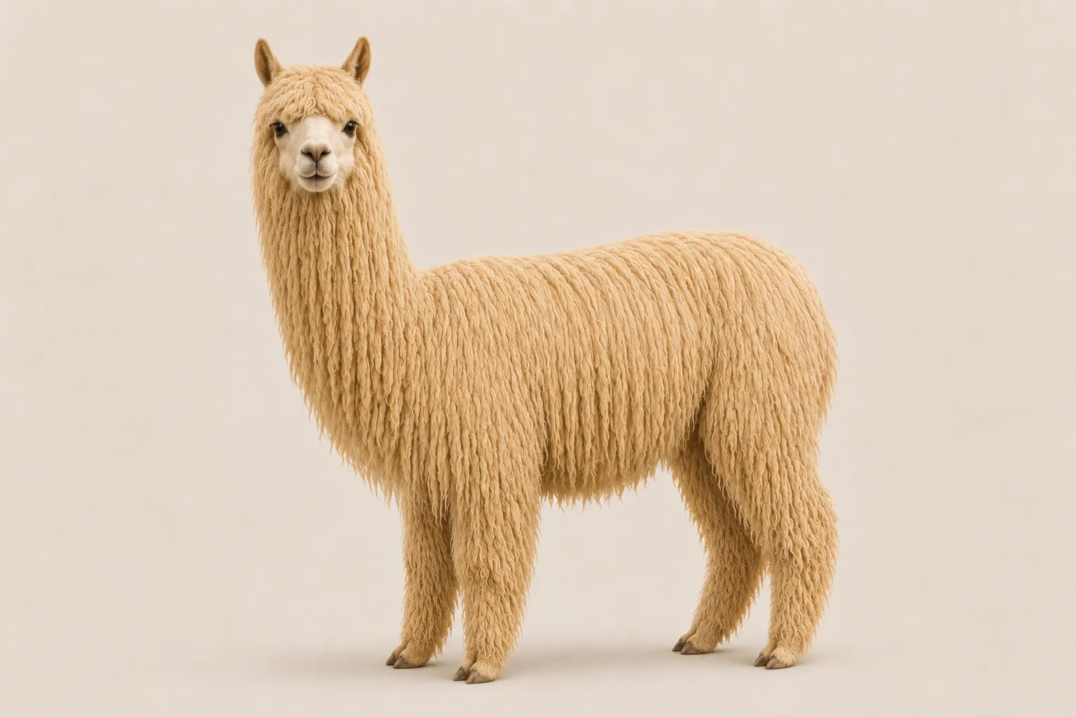 Suri alpaca showing long hanging fleece locks