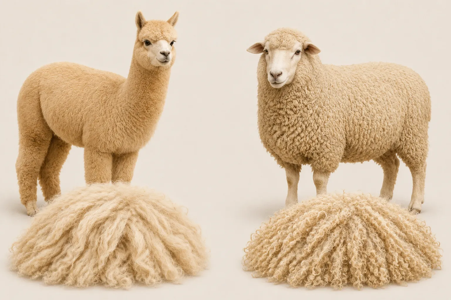 Side-by-side educational illustration comparing an alpaca and alpaca fiber with a sheep and sheep wool