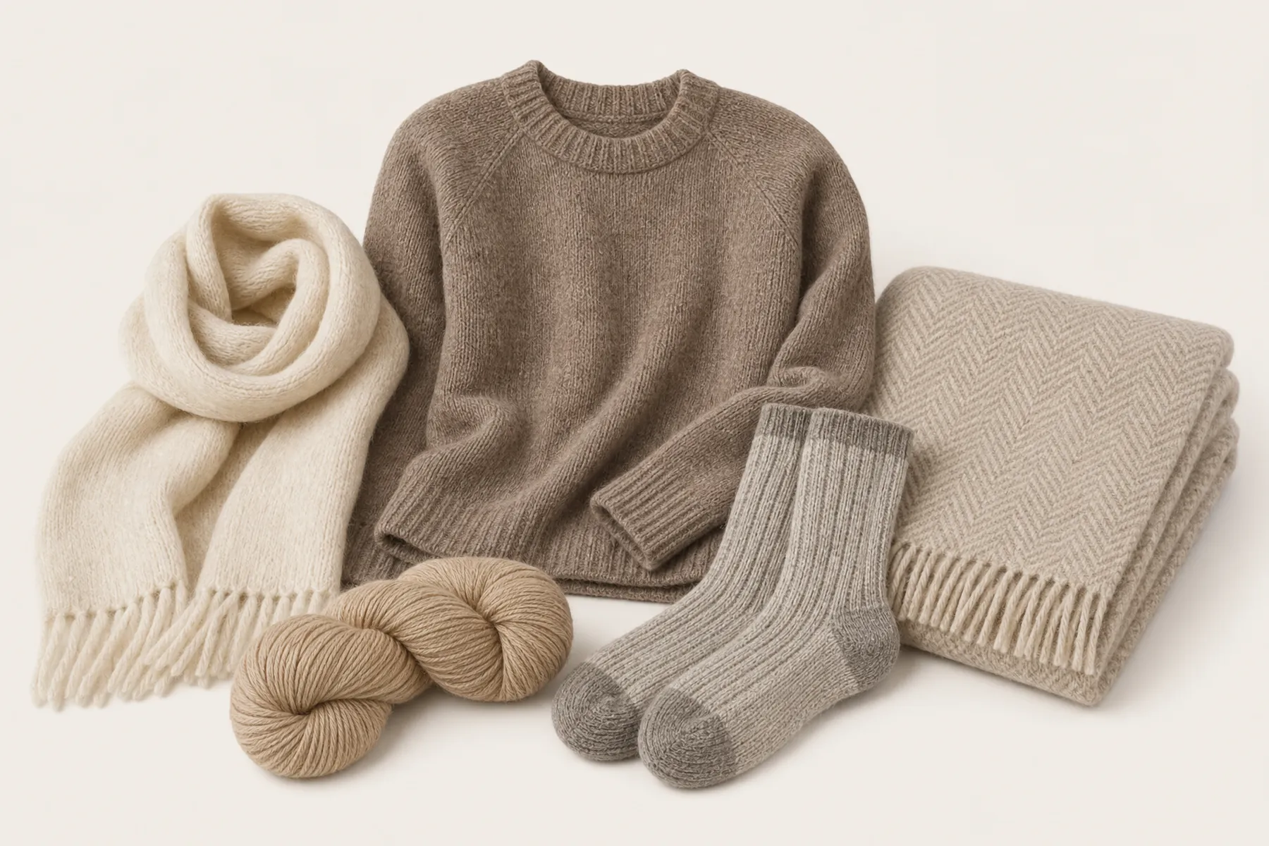 Finished alpaca fiber products including clothing, socks, a blanket, and yarn