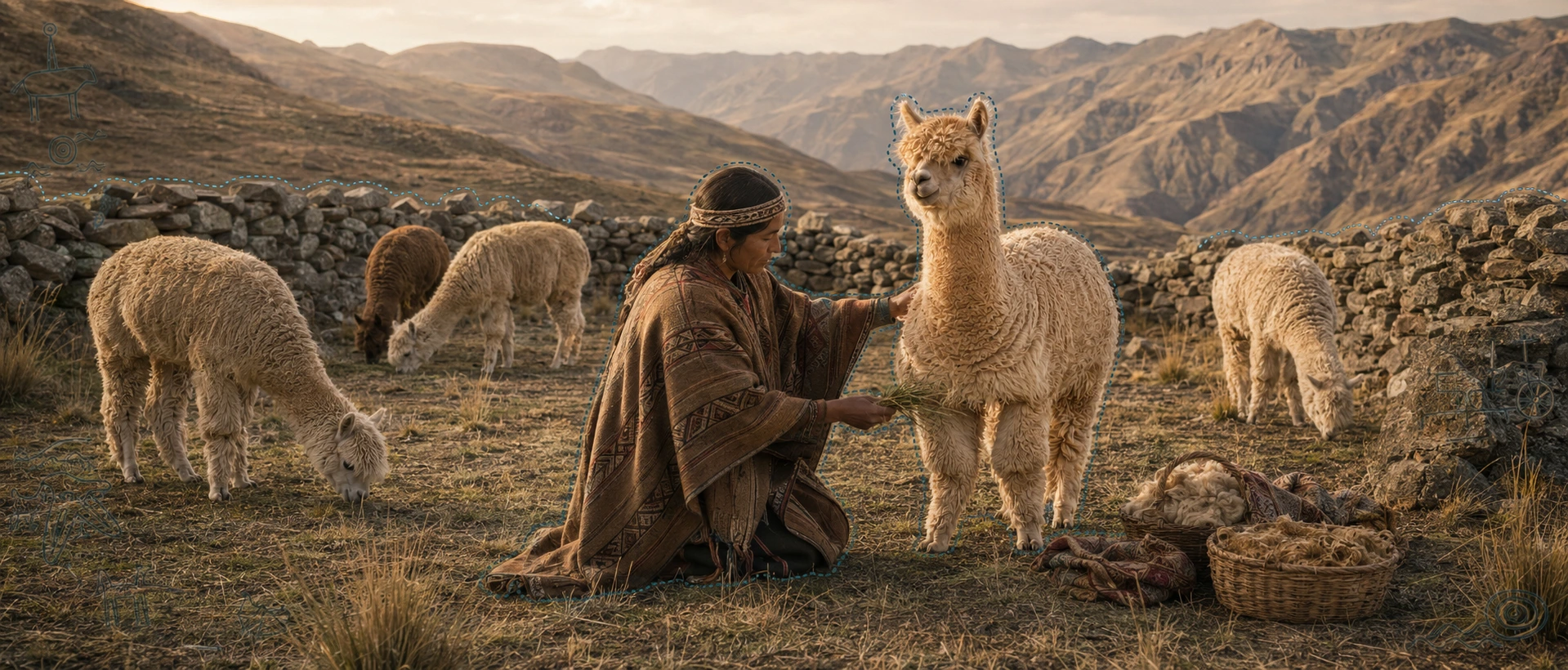 Historical recreation of alpacas and an early farmer in the Andes
