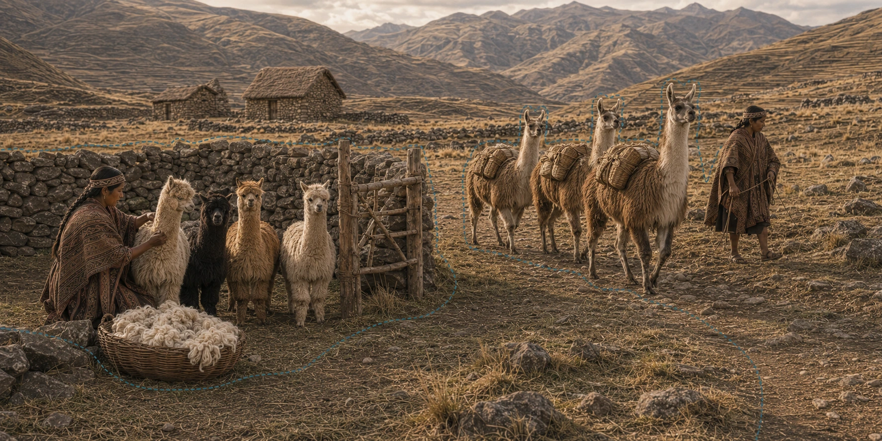 An alpaca and a taller llama standing together in an Andean landscape