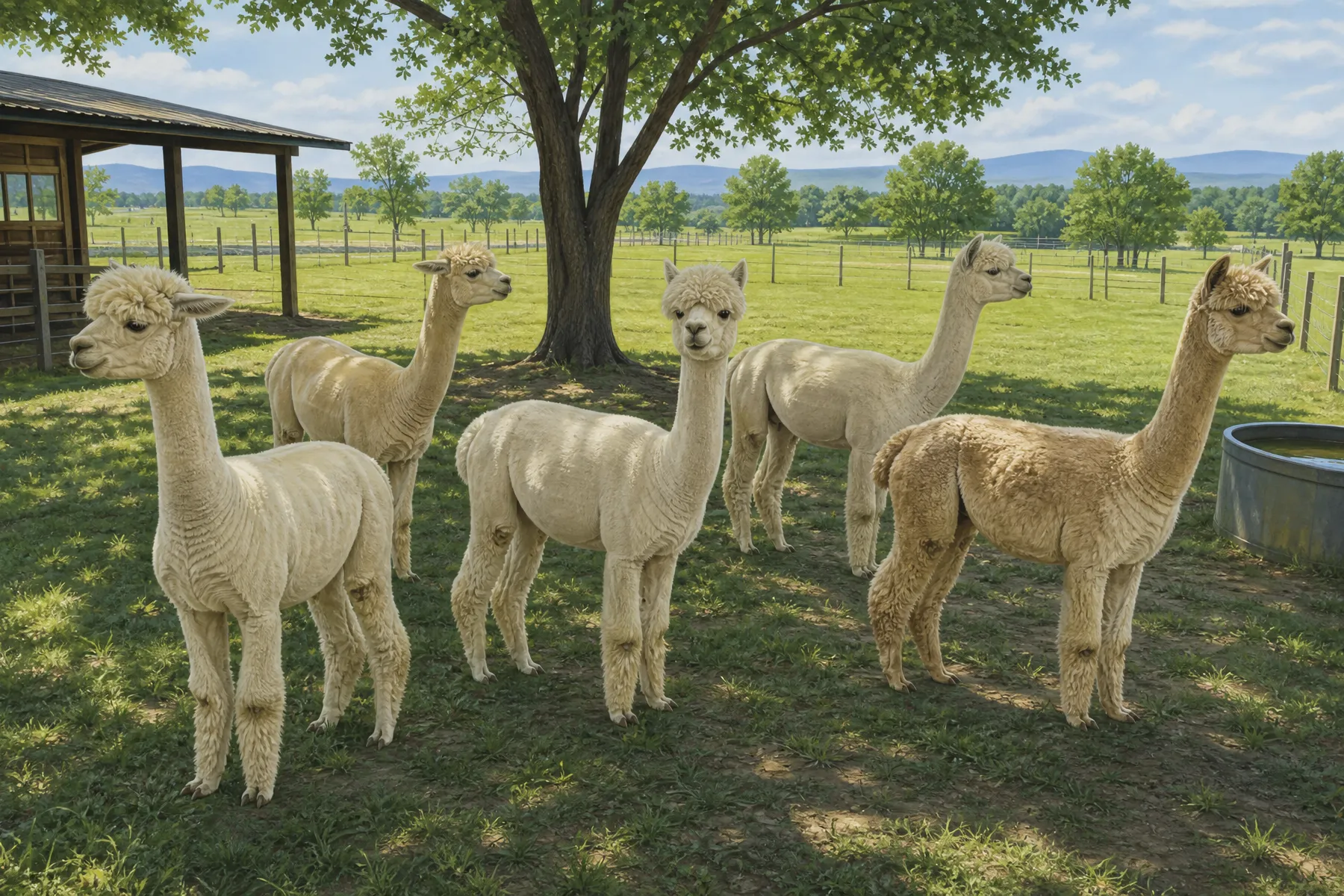 A group of recently shorn alpacas in a managed summer pasture