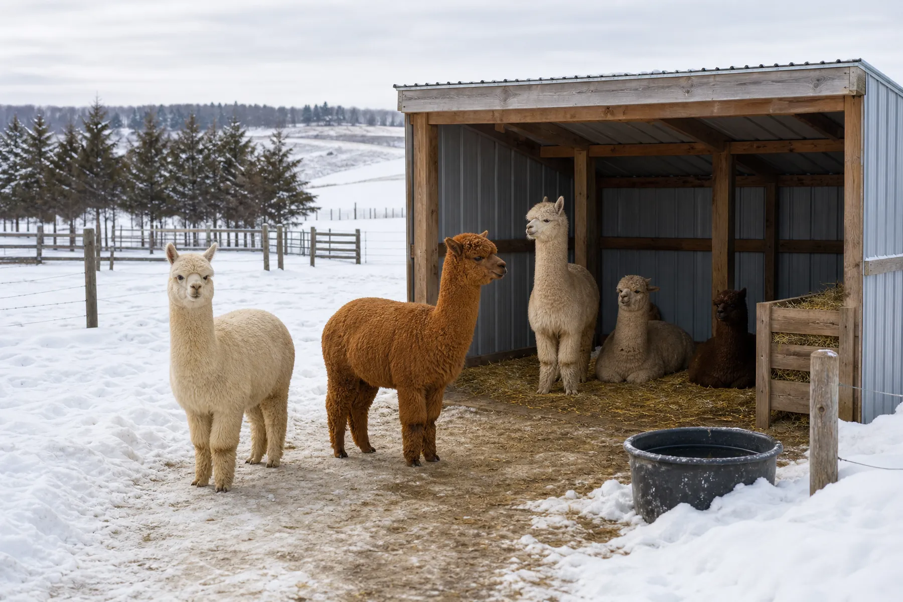 Full-fleece alpacas near a dry three-sided shelter on a snowy farm