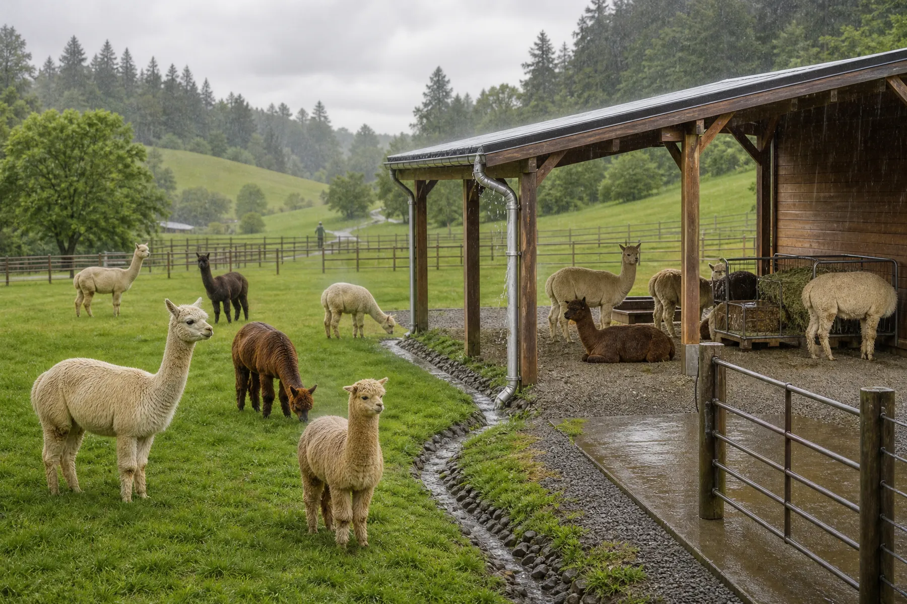 Alpacas using a covered shelter and well-drained area during light rain