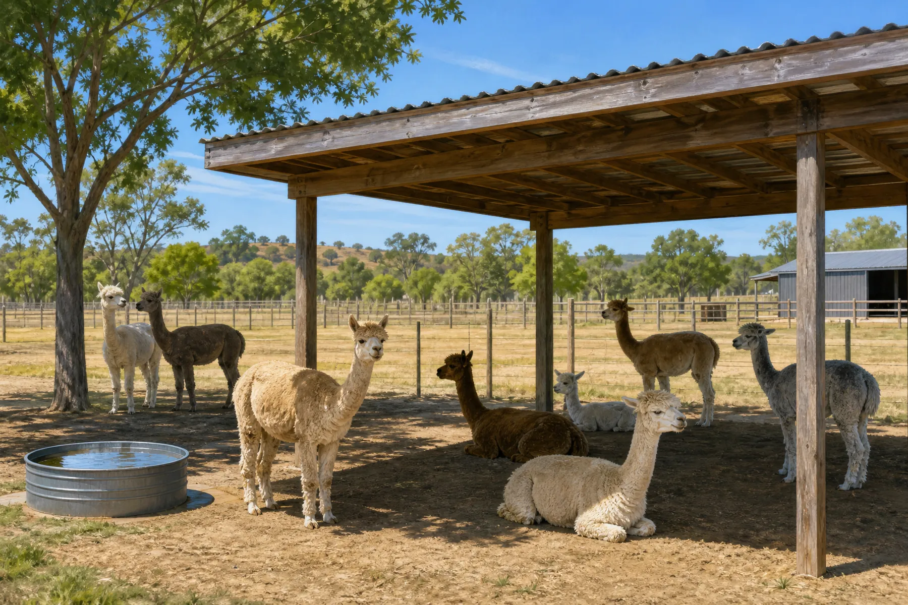 Alpacas resting in shade during warm weather
