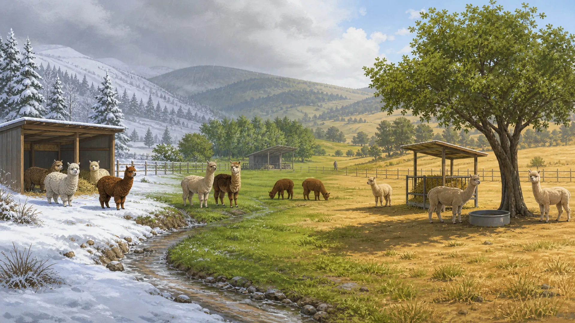 Alpacas across a farm landscape transitioning from snow and rain to warm sunny pasture