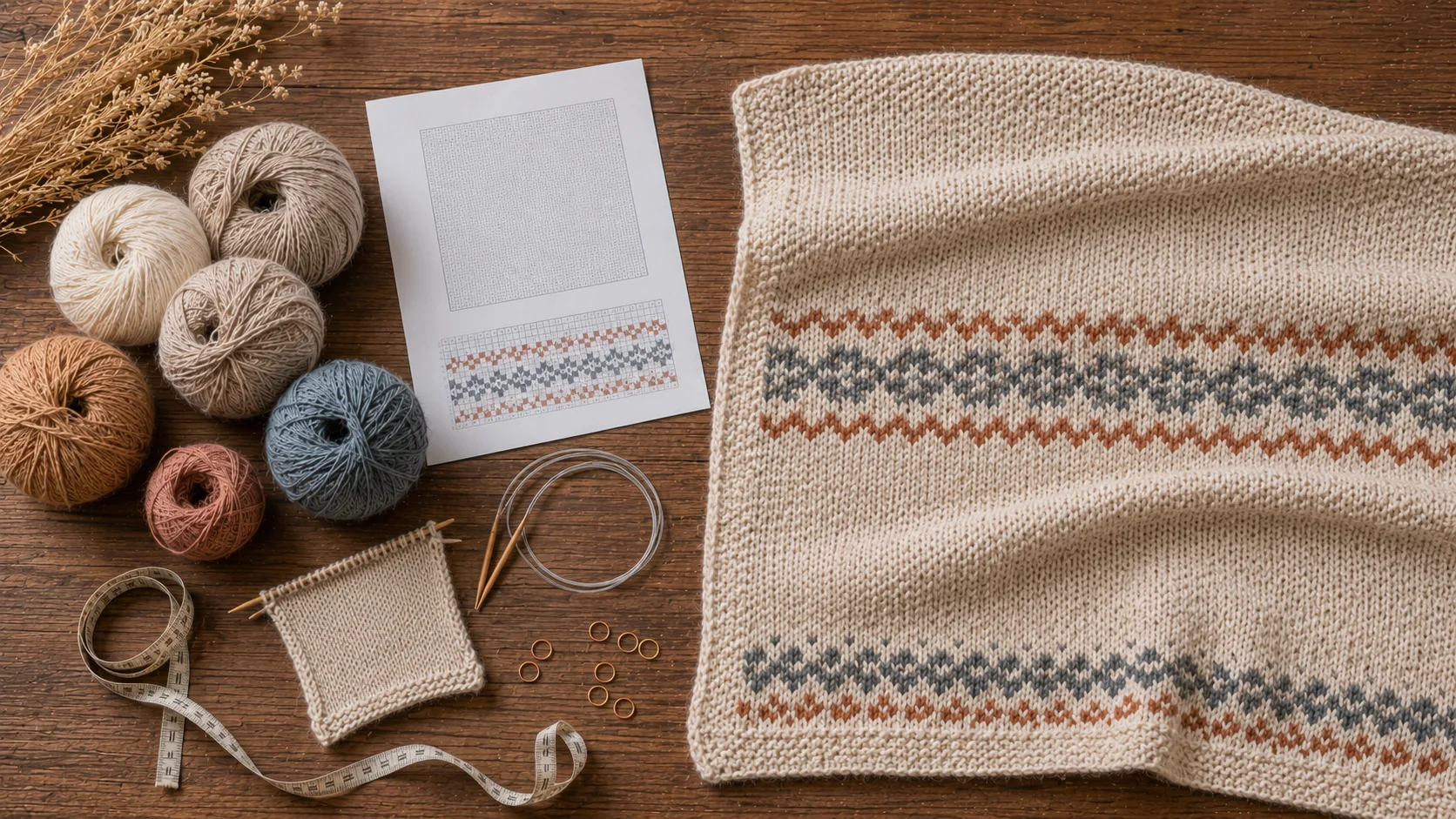 Alpaca yarn, a pattern, circular needles, and a partly knitted blanket