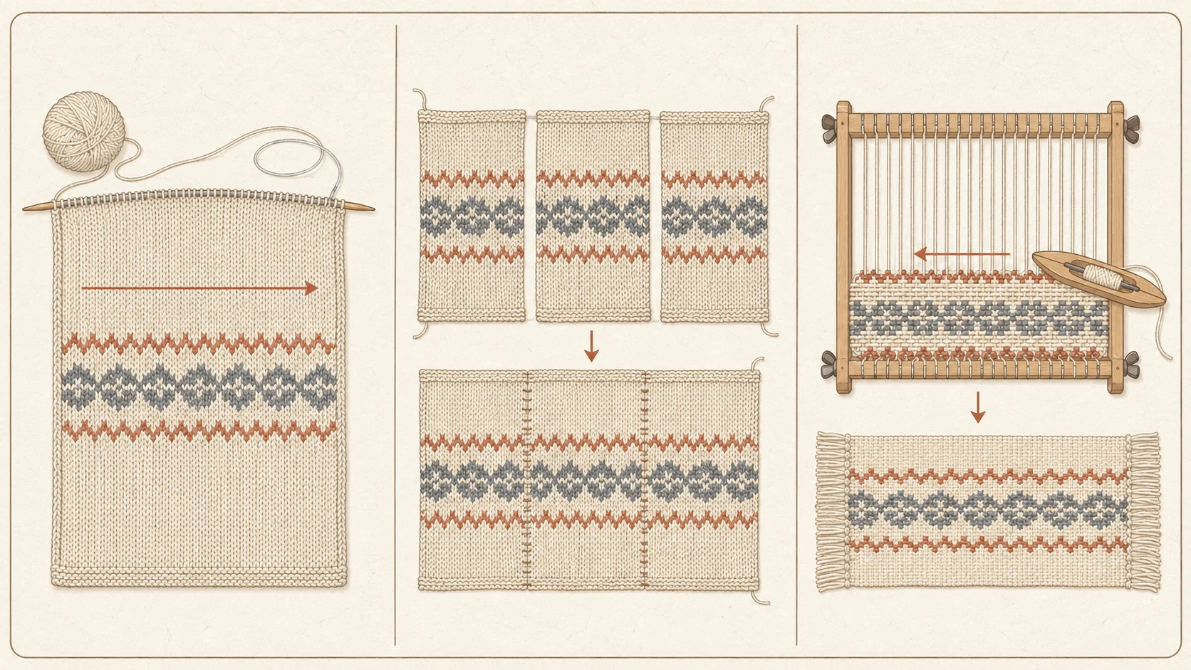 Diagram comparing a one-piece knitted blanket, a blanket assembled from knitted panels, and a woven blanket on a loom