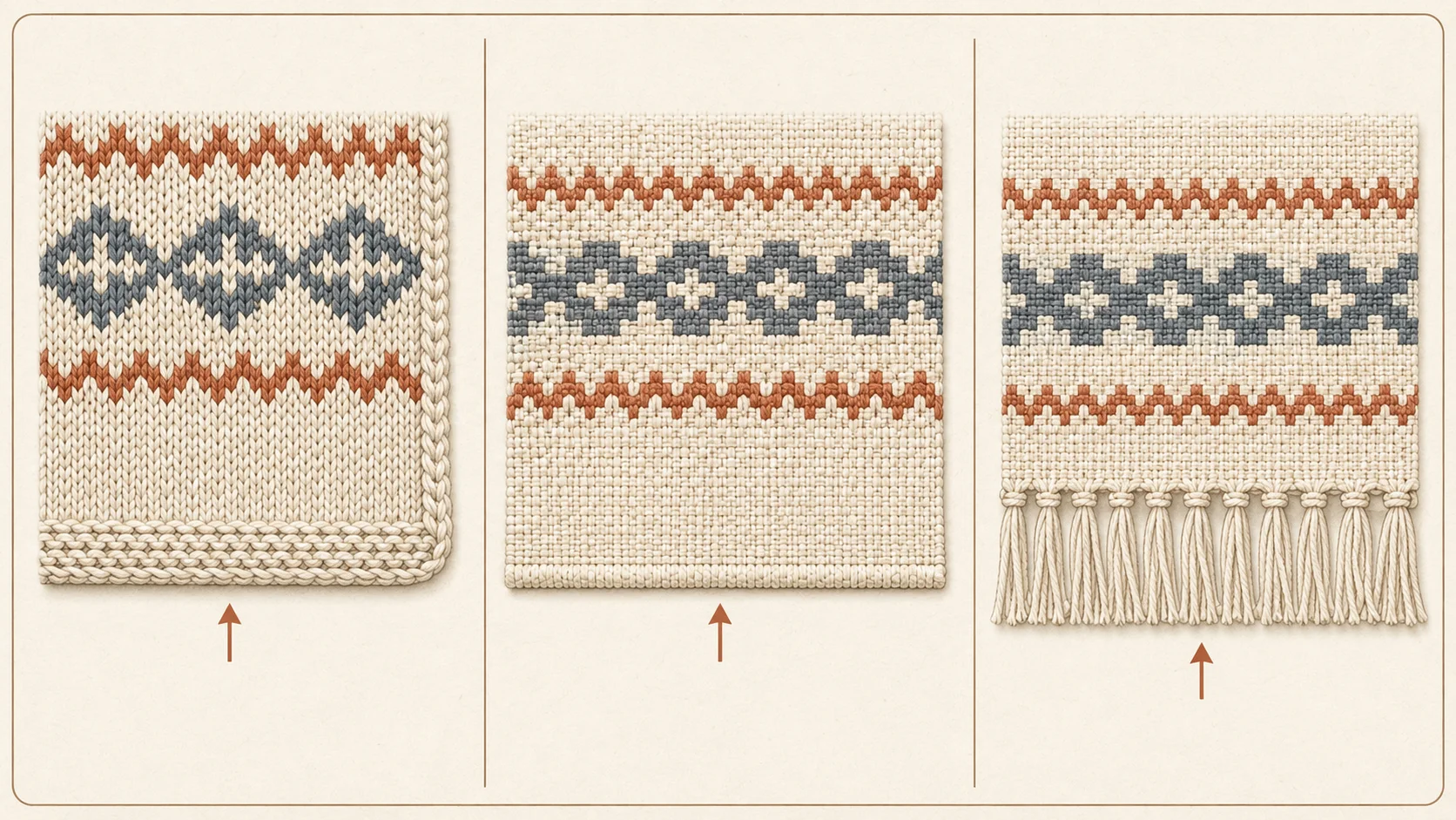 Diagram comparing a knitted blanket border, a finished woven edge, and fringe