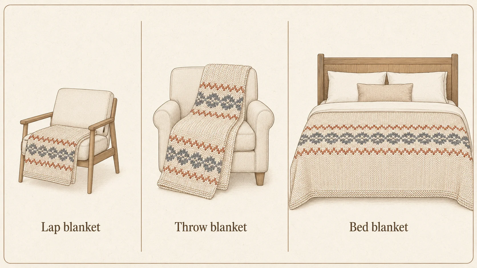Visual comparison of lap, throw, and bed blanket sizes