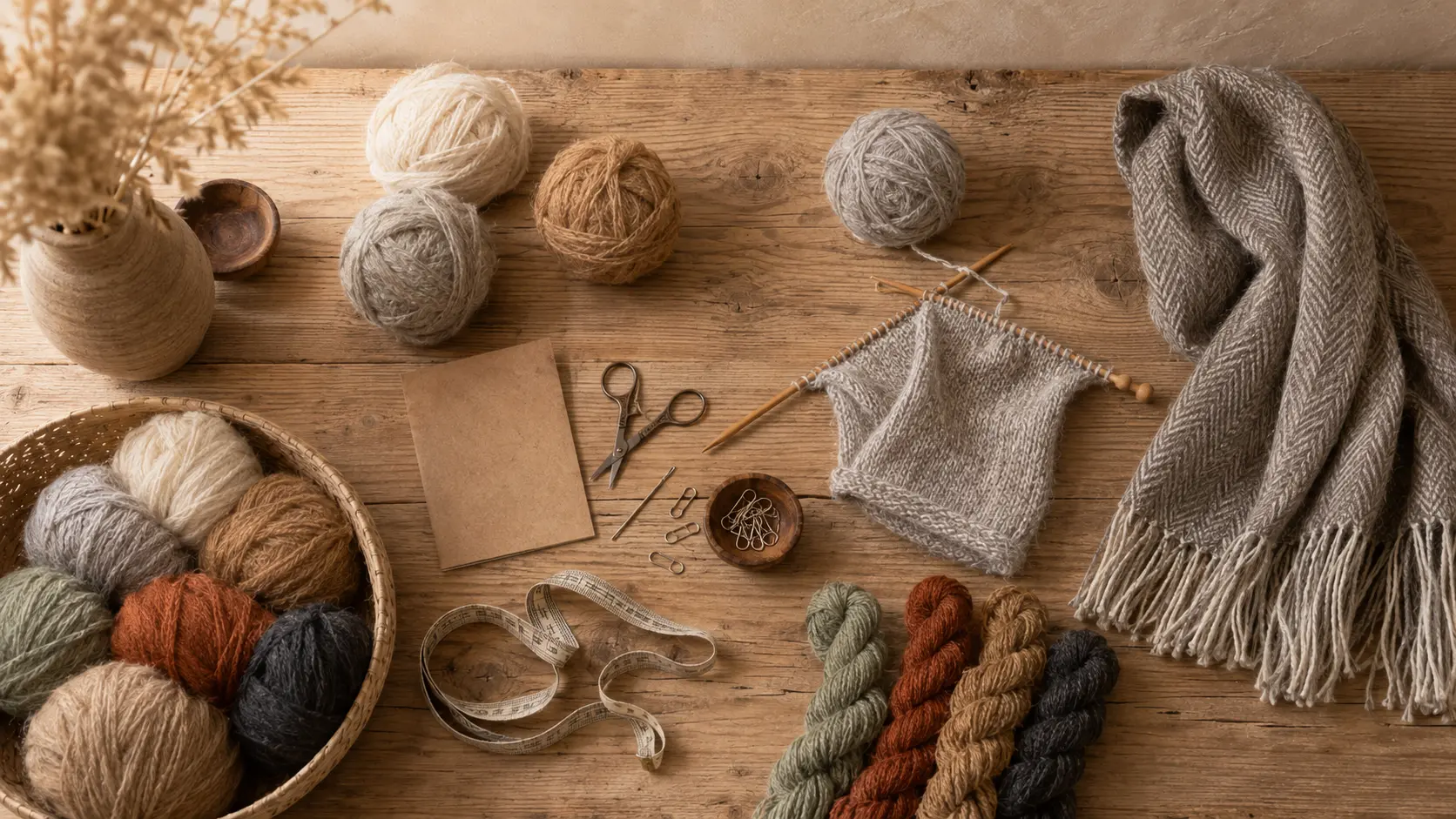 Alpaca yarn, knitting needles, scissors, and tools used to make alpaca clothing