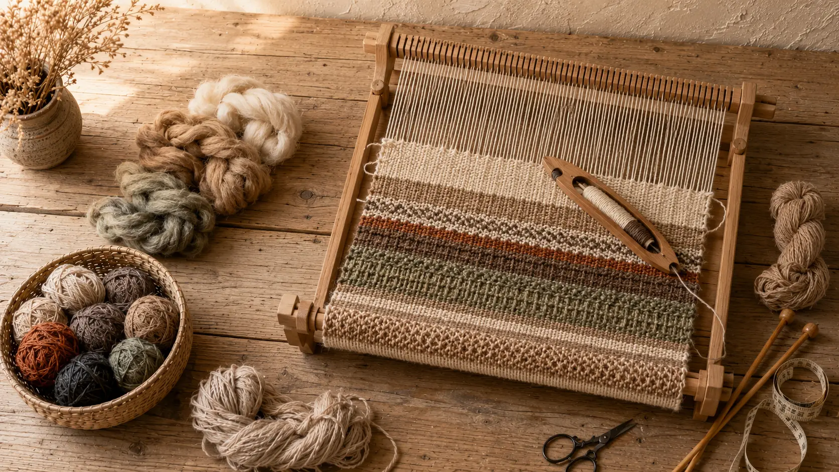 An alpaca blanket being made with large tools and yarn in natural fleece colors