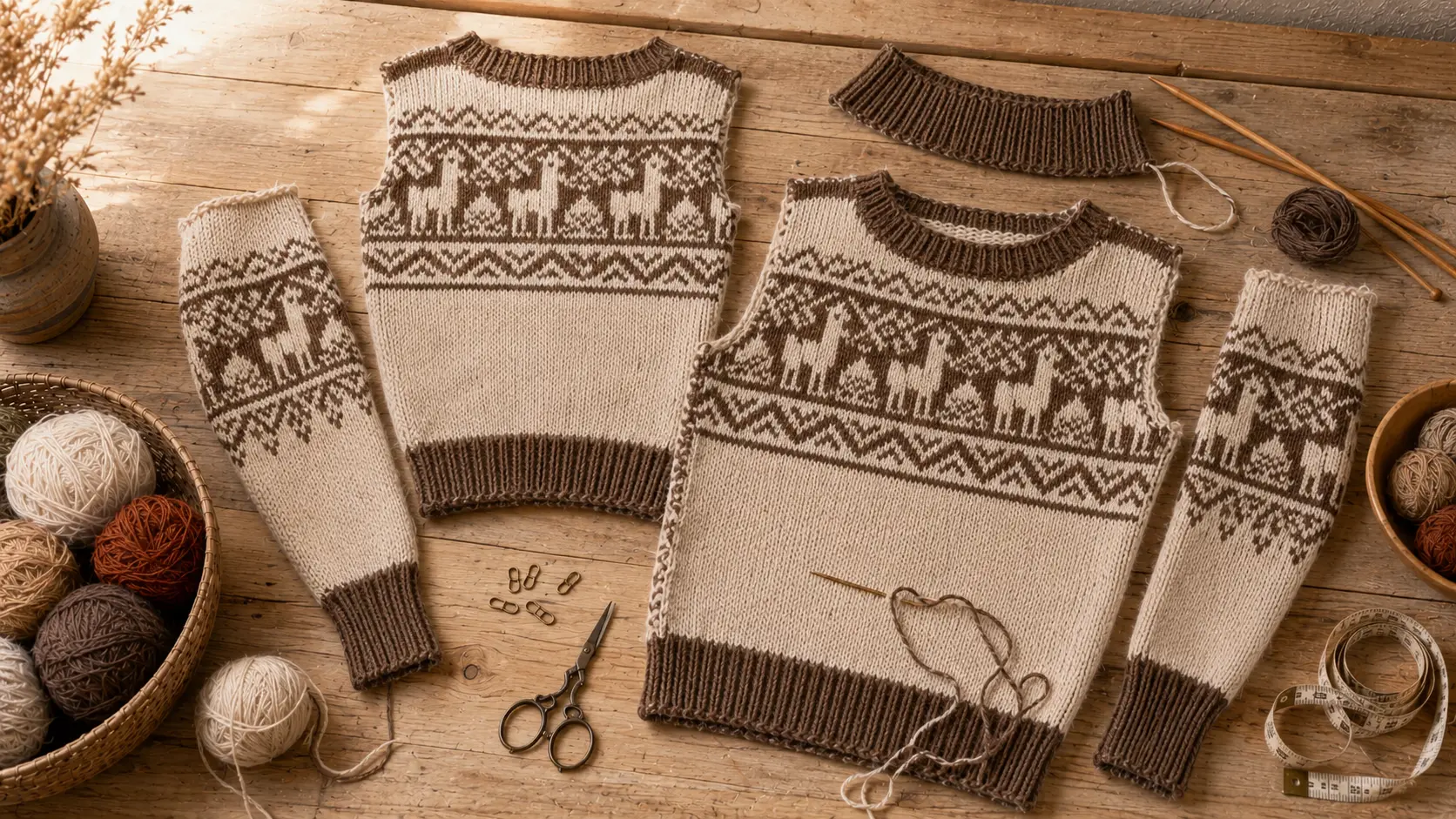 A colorful alpaca pullover jumper being assembled with yarn and finishing tools