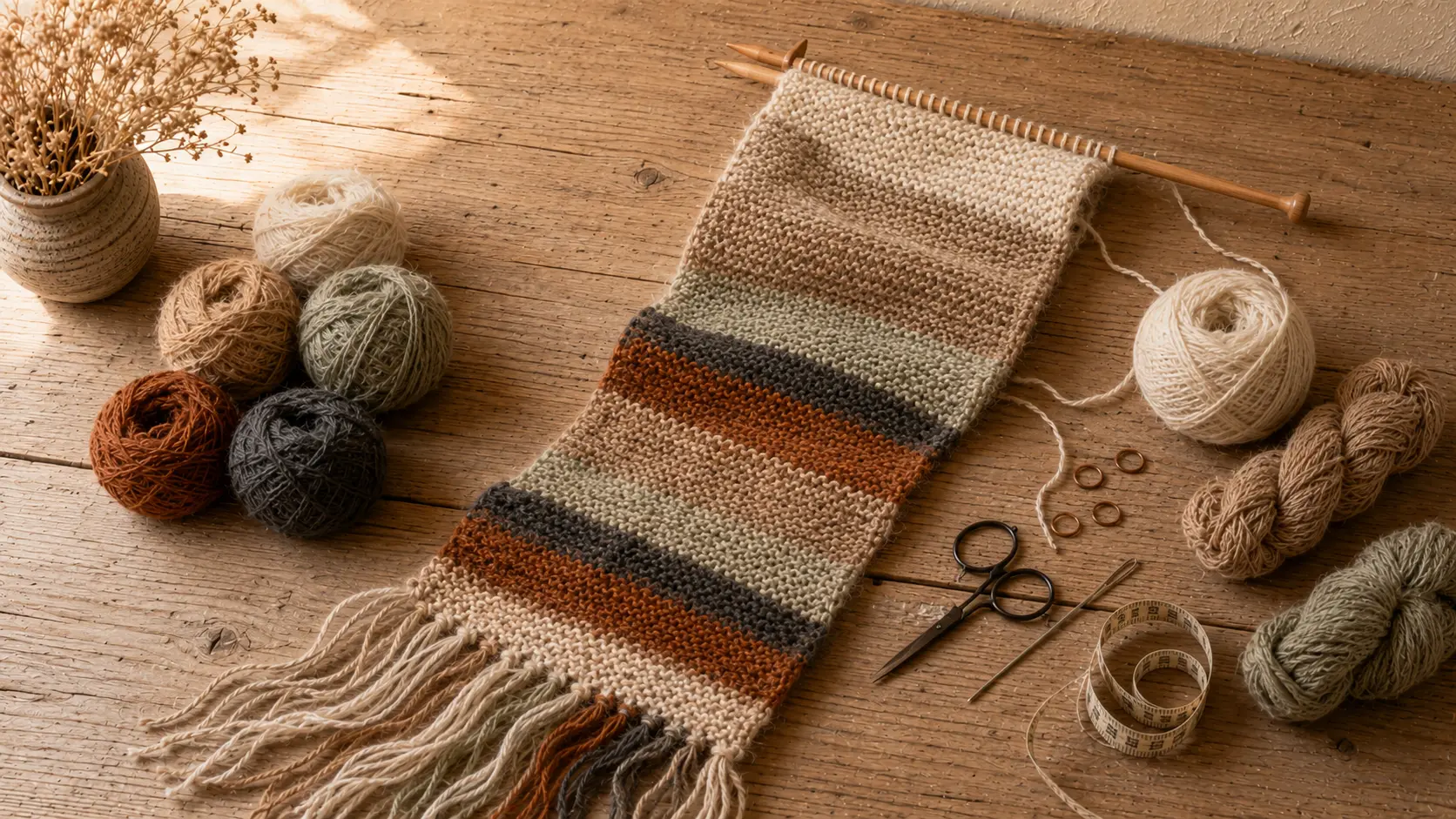 A partly finished alpaca scarf with yarn, knitting needles, scissors, and measuring tape