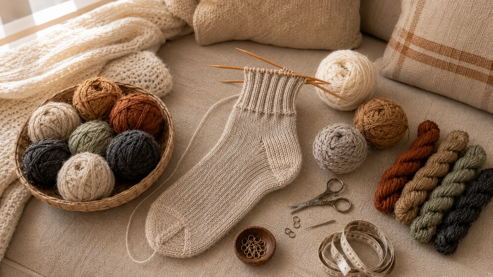 A partly knitted alpaca sock on needles with yarn and stitch markers