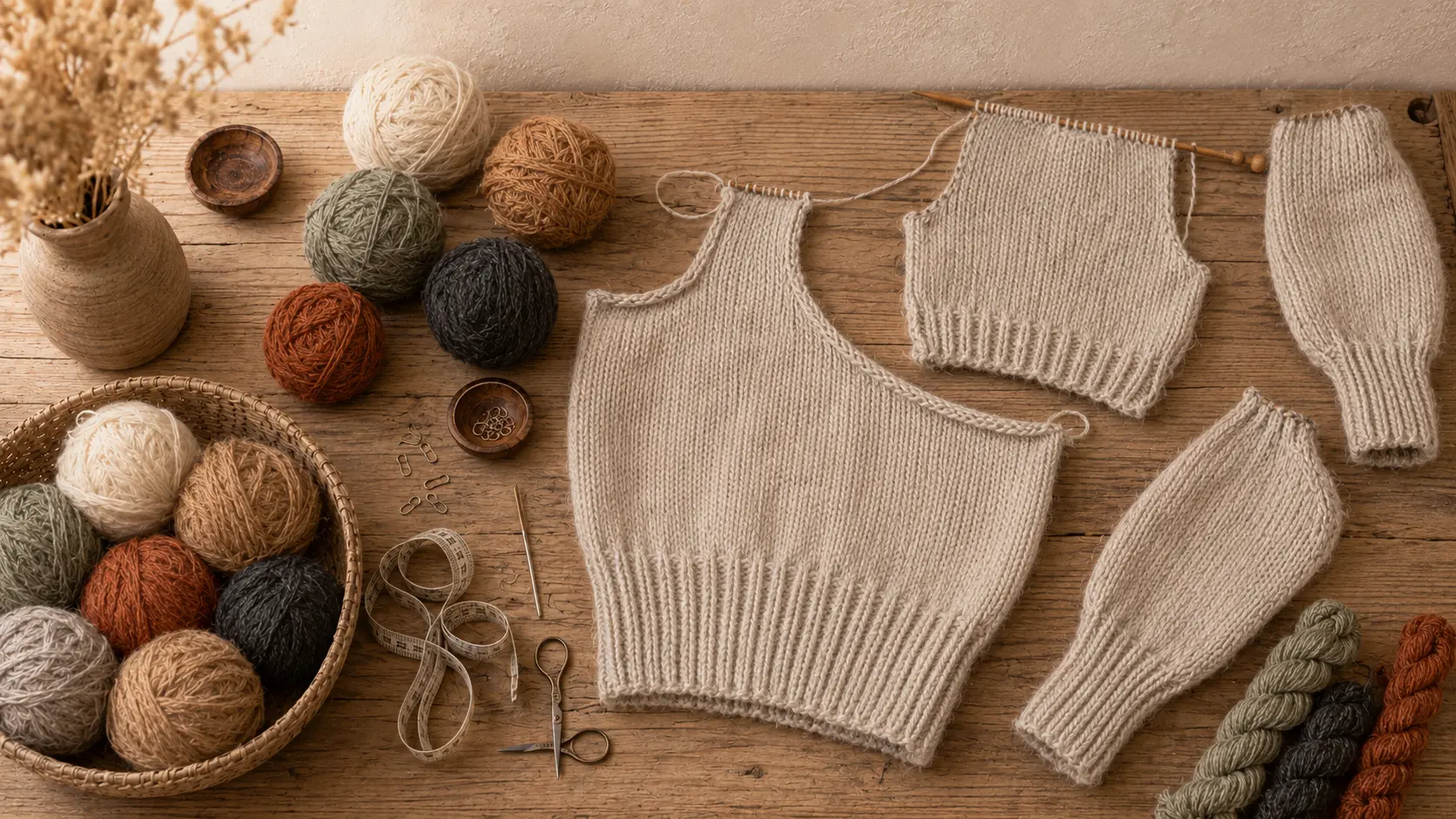 An alpaca sweater in progress with yarn, needles, and measuring tools