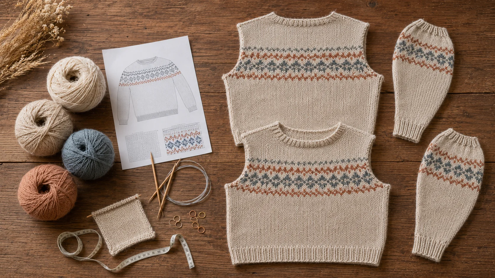 Alpaca jumper yarn, pattern, needles, measuring tape, gauge swatch, and pullover pieces arranged for a new project