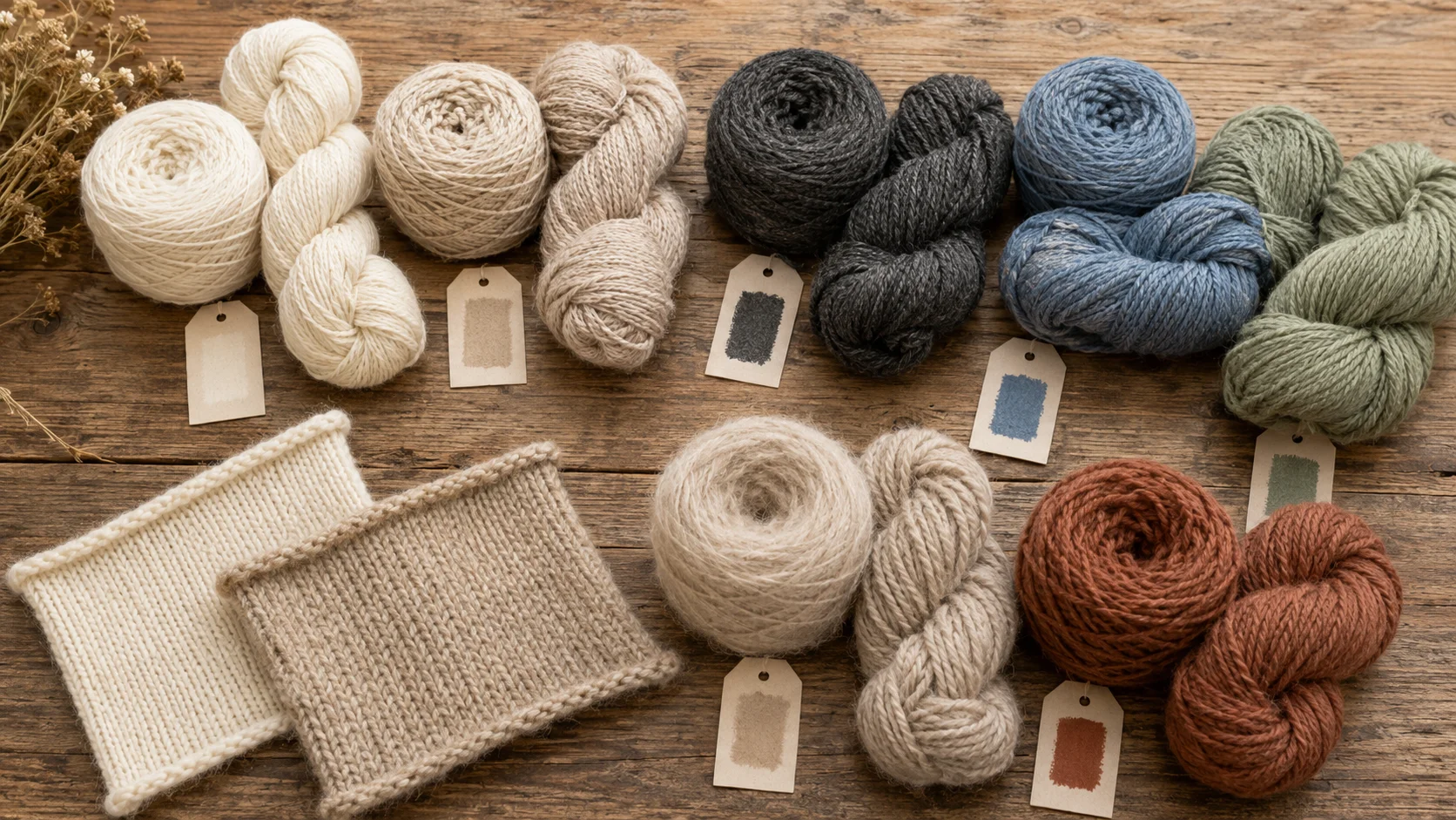 Several alpaca and alpaca-blend yarns in different weights, colors, and textures suitable for pullover jumpers